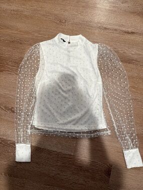 Parisian Works White Polka Dot Mesh Sleeve Mock Neck Top